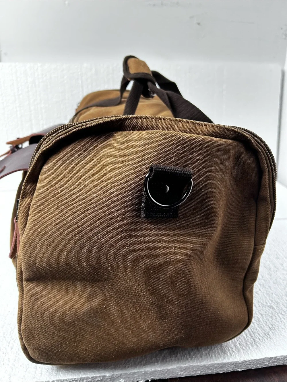 Wildroad Tan Canvas Duffel Bag with Dark Brown Leather Trim 50L expandable